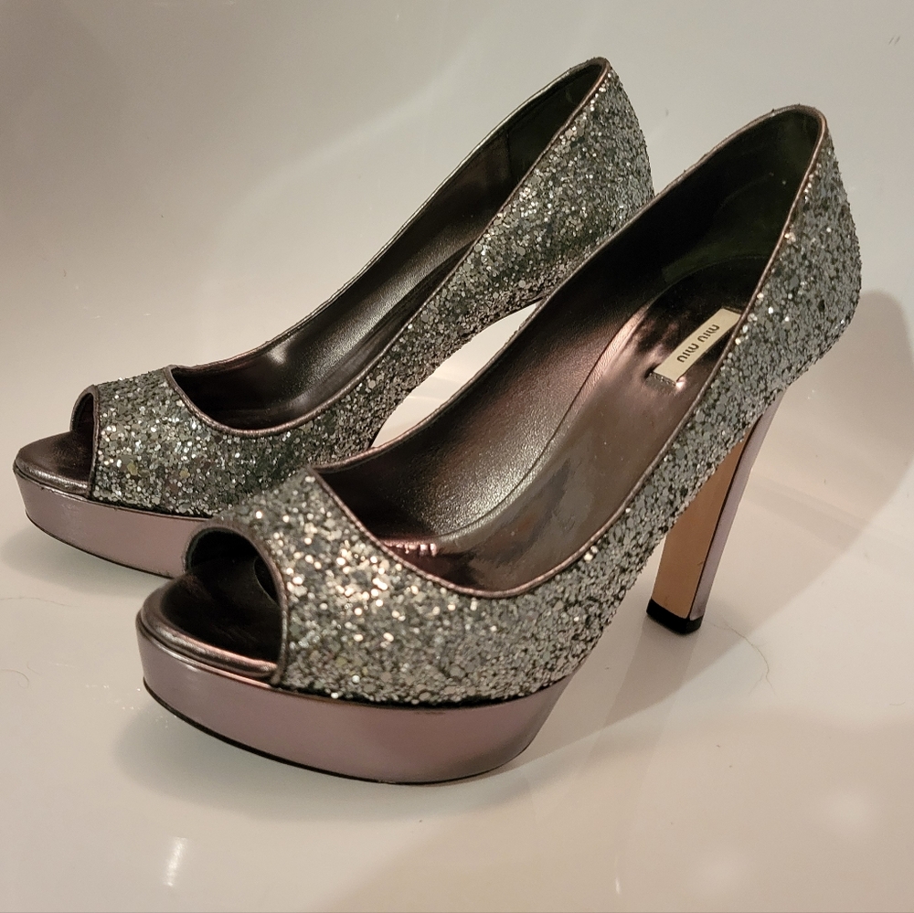 Miu Miu Silver Glitter Anthracite Peep Toe Platform Sz. 37